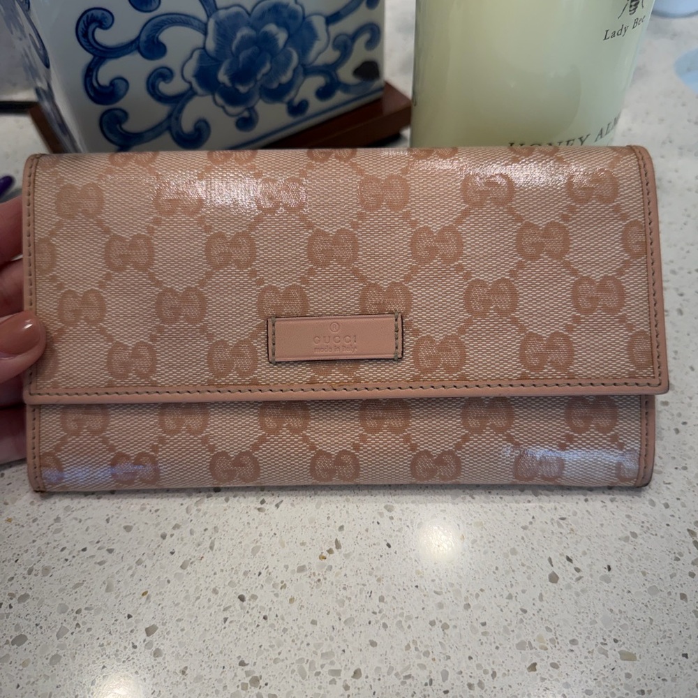 Gucci GG Pink Patent Coated Canvas Monogram Wallet Snap Front
